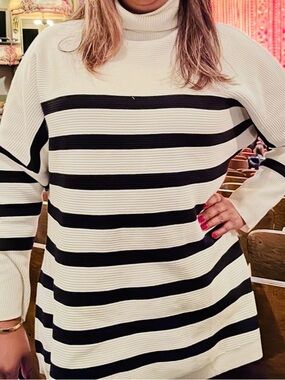 Amazon Cream and Black Striped Long Sleeve Turtleneck Sweater Dress
